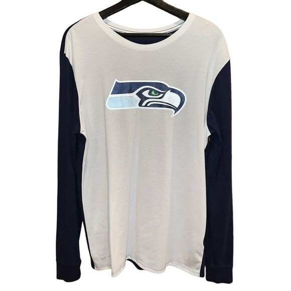 THE NIKE TEE NFL‎ Mens L SEATTLE SEAHAWKS SHIRT White Blue DRI-Fit Long Sleeve - Picture 1 of 12